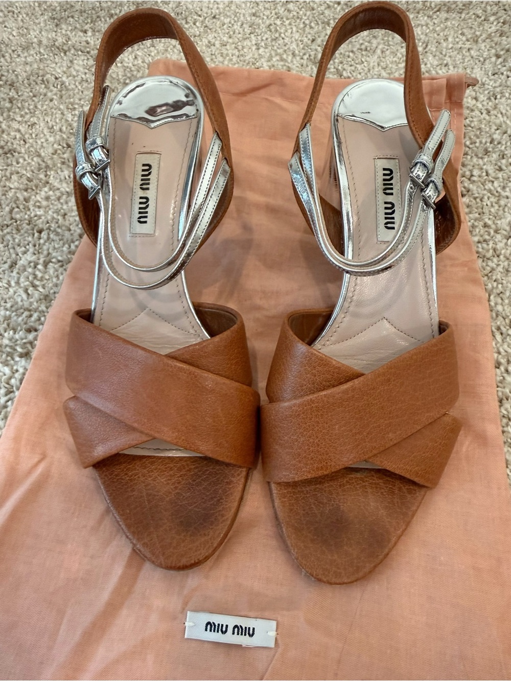 Miu Miu Tan Leather Crisscross Slingback Heels with Silver Accents Made in Italy